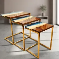 Ensemble de 3 tables gigognes en bois et acier, avec plateau en résine effet rivière fait main et support en acier inoxydable, tables d'appoint modernes pour la décoration intérieure