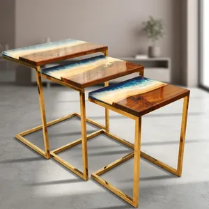 Wood Steel <b>Nesting</b> <b>Table</b> Set of 3 Handcrafted Resin River Top Stainless Steel Stand Modern Side Coffee <b>Tables</b> Home Decor - Product Image 4