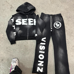Custom Logo Distressed Eco-Friendly Vintage Winter Matching Set Heavyweight Cotton Hoodie Wide Leg Pants Streetwear Apparel - Product Image 3