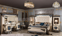 Lit en teck sculpté à la main de luxe avec commode assortie, ensemble de chambre à coucher moderne confortable de taille king