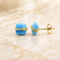 Boucles d'oreilles clous en turquoise faites à la main, enroulées de fil, taille coussin, pierres précieuses facettées, pour femmes, bijoux personnalisés OEM, vente en gros