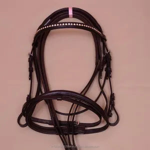 Bridon en cuir noir orné de strass avec quincaillerie en laiton et acier inoxydable, rembourré de cuir de vachette souple pour l'équitation - Product Image 1