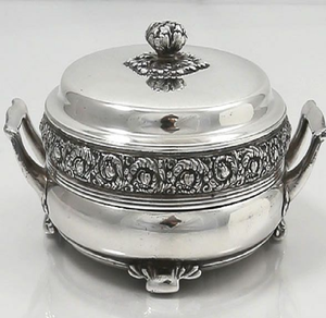 ชามซุปสีเงินขนาดกะทัดรัด พร้อมแถบลายขวางและฝาปิดลายดอกไม้ ร้านค้าจำหน่ายสินค้าในราคาขายส่ง - Product Image 1