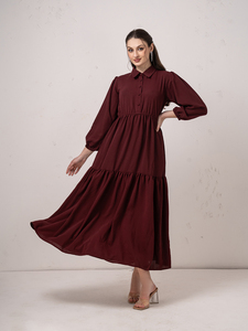 Robe décontractée et ample pour femme, style européen, col en V, manches longues, à volants, 100 % polyester, collection 2026 - Product Image 1