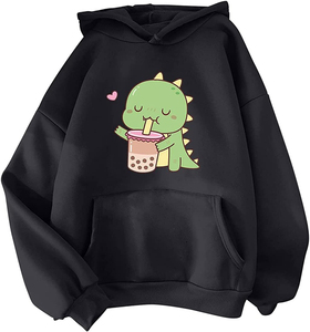 Sweat-shirt à capuche pour femme imprimé dinosaure mignon buvant du bubble tea, décontracté, tricoté, noir, motif dessin animé, poche avant - Product Image 2