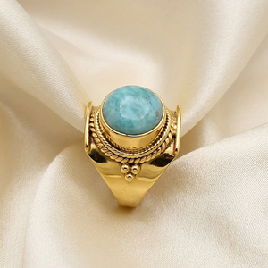 925 Sterling <b>Silver</b> Natural Larimar <b>Statement</b> <b>Ring</b> Handmade Boho Vintage Gemstone Rose & Yellow Gold Plated <b>Ring</b> For Women Gift - Product Image 6