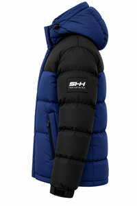 Men's <b>Navy</b> Blue Black Hooded Puffer <b>Jacket</b> Color Block <b>Padded</b> Winter Coat with Zip Pockets Custom OEM Wholesale Outerwear - Product Image 4