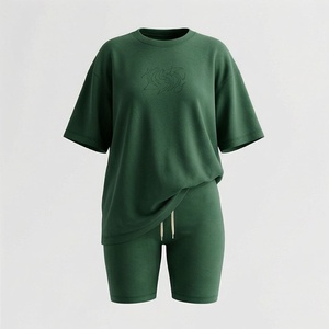 Ensemble décontracté en tricot vert pour femmes, 2 pièces, t-shirt à manches courtes et short au-dessus du genou, coupe ample, couleur unie, vêtements de printemps et d'été - Product Image 1