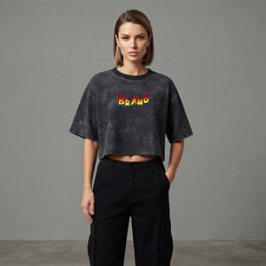 High Quality Women's Cropped T-<b>Shirt</b> Black Tie Dye <b>Flame</b> Logo Print Crew Neck Loose Fit Short Sleeve 100% Cotton Jersey - Product Image 1