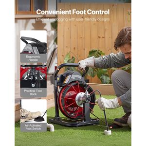 Macchina per la pulizia di scarichi con alimentazione automatica, 50 FT x 5/16 pollici, con 4 frese e interruttore a pedale ad azionamento pneumatico - Product Image 6