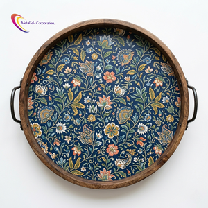 Bandeja Redonda Decorativa de Madera Hecha a Mano con Asas Metálicas Esmaltadas con Estampado Floral, Bandeja de Madera de Mango, Fabricante de Bandejas para Servir - Product Image 2