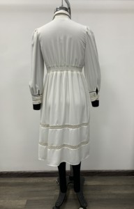 White Satin Midi Dress With <b>Lace</b> Trim Pleated A-Line Long Sleeve Turn-down <b>Collar</b> Casual Daily Wear - Product Image 2