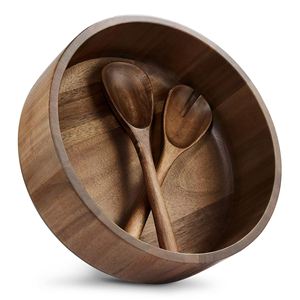 Bol de rangement moderne en bois de noyer et d'acacia pour salades, fruits et légumes, écologique, lavable, poli, sculpté, avec cuillère en bois pour l'école - Product Image 1
