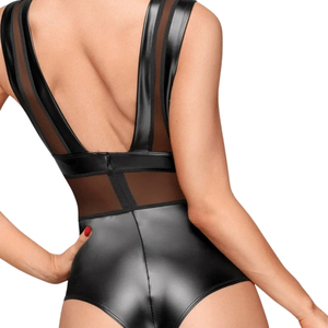 Women's Black PU Leather Bodysuit See Through Hollow Out Sexy Lingerie One Piece Sleeveless High Neck - Product Image 4