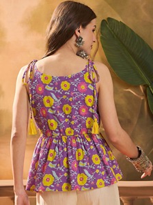 Short Kurti Square Neck Regular Fit 30" Modern Fusion Ethnic Casual <b>Festive</b> Day Wear Women Printed Cotton Peplum <b>Top</b> Tie Ups - Product Image 2