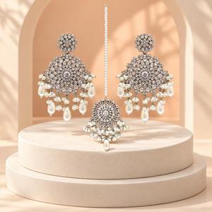 Silver Plated Clear Stone Floral Earrings and Maang <b>Tikka</b> Set with Faux Pearl Drops Bridal Jewelry Factory Wholesale - Product Image 2