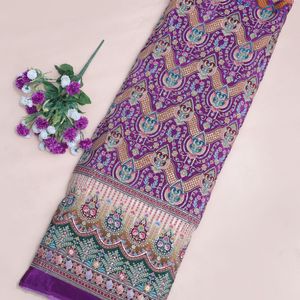 Tela de crepé tejida floral morado real con bordado, 54 pulgadas, ligera, con borde Daman, pieza cortada para Kurti, Túnica, Anarkali, Vestido, Lehenga - Product Image 1