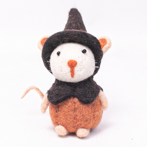 Souris d'Halloween en feutre de laine faite à la main avec décoration de citrouille – Figurine d'animal en feutre aiguilleté mignonne pour la décoration intérieure et les cadeaux - Product Image 1