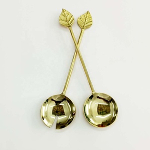 Juego de cuchara para servir de acero inoxidable pulido con espejo dorado a granel, mango de diseño de hoja, juego de servidor de ensalada decorativo de lujo - Product Image 3