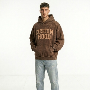 Sweat à capuche en molleton de coton épais pour homme, avec lettrage personnalisé et appliqué, effet vieilli, délavé à l'acide, style streetwear grunge - Product Image 1