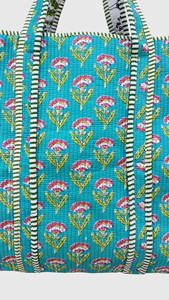 Sac fourre-tout en coton à fleurs turquoise, style bohème, ouvert en dessus, pour le shopping toutes saisons - Product Image 6
