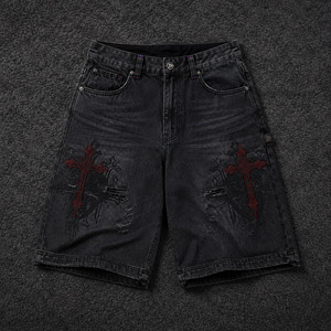 Gothic Cross Denim Jorts Light Wash Black Baggy Y2K Streetwear Summer Woven Mid Waist <b>Red</b> Embroidery Low MOQ Wholesale - Product Image 1
