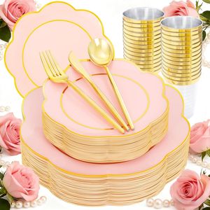 Ensemble de vaisselle jetable rose robuste de 180 pièces avec couverts dorés et argentés, vaisselle blanche et 30 décorations de table pour fêtes - Product Image 3