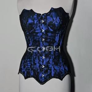 Corsé de satén azul con encaje superpuesto, corsé de busto completo con varillas de acero de alta resistencia, corsé moldeador de cintura, corsés de moda gótica, proveedor - Product Image 1