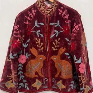Handmade Women's Suzani Embroidery <b>Cardigan</b> Mandarin Collar Three Quarter Sleeve Boho Loose Fit Spring Women's Jacket Handmade - Product Image 2