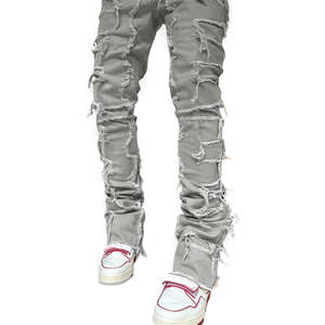 Vaqueros de Pierna Recta con Parches Desgastados, Unisex, Estilo Urbano, Corte Holgado Informal, 100% Algodón, Denim de Peso Medio - Product Image 1