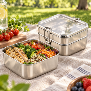 Boîte à lunch carrée en acier inoxydable, conteneur alimentaire anti-fuite avec couvercle pour l'école et le bureau - Product Image 6