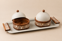 Ensemble de plateaux décoratifs en bois et métal avec nacre, 2 bols à couvercle, motif nature morte, forme rectangulaire, artisanat métallique minimaliste