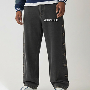 Pantalon en jean 100% coton délavé à l'acide, coupe ample, boutons latéraux, style vintage unisexe, broderie hip-hop, effet soleil délavé, streetwear tendance, jambe large - Product Image 1