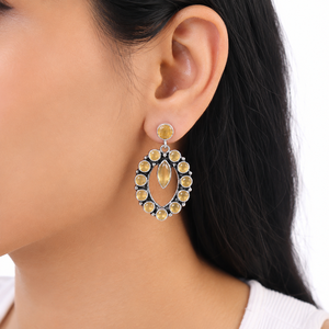 Boucles d'oreilles pendantes ovales en calcédoine jaune, serties de pierres oxydées argentées, plaquées argent antique, faites à la main, bijoux ethniques pour femmes - Product Image 5