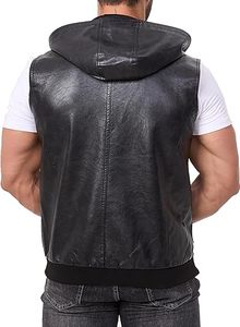 Gilet à capuche en cuir PU pour homme, style motard, coupe-vent, fermeture éclair, vêtement d'extérieur d'automne, couleur unie, coupe classique - Product Image 5