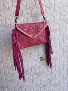 Bolso de mano con flecos personalizado al por mayor, bolso de cuero auténtico tallado a mano, bolso bandolera de color rosa, bolsos elegantes occidentales - Product Image 3