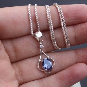 Élégant pendentif de fiançailles en tanzanite de laboratoire, en argent sterling 925 plaqué or, serti clos, collier vintage avec pierre précieuse, cadeau pour elle - Product Image 3