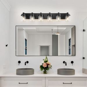 Lampada da Bagno Moderna a 6 Luci, Illuminazione per Vanità Nera con Paralume in Vetro Trasparente, Apparecchio Luminoso a 6 Luci per Bagno - Product Image 2