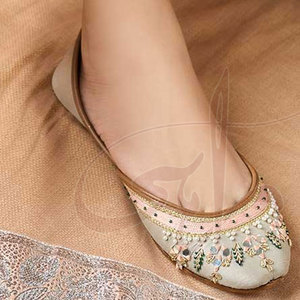 Heavy Neckline Mirror <b>Work</b> Handcrafted Formal <b>Khussa</b> Raw Silk Upper Leather Midsole Anti-Slippery High Quality - Product Image 5