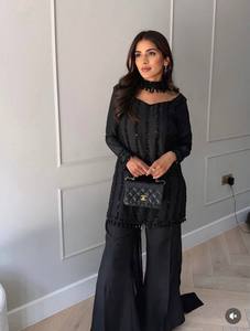 Ensemble indien pakistanais noir orné pour femme, costume formel Kurta Palazzo en soie tricotée, fabrication sur mesure OEM - Product Image 4
