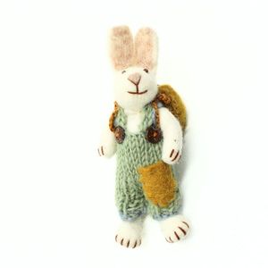 Handmade Knitted Rabbit Ornament In Green Overalls With Brown Pockets Hanging On <b>Tree</b> <b>Branch</b> Cartoon Animal Decor - Product Image 4