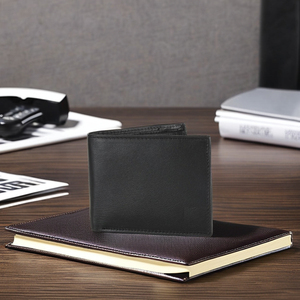 Portefeuille homme élégant tout noir en cuir de mouton nappa, à double pli, avec fil de coton, blocage RFID, court, haute qualité, grande capacité, plusieurs cartes - Product Image 4