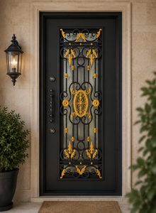 Puerta de Entrada de Hierro Forjado Negra y Dorada de Lujo, Puerta de Seguridad Metálica Decorativa con Vidrio Esmerilado, Diseño Personalizado para Puerta Principal de Villa - Product Image 3