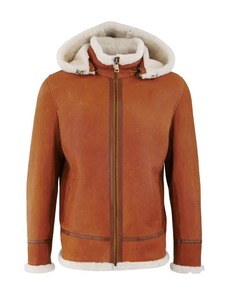 <b>Mens</b> Winston Hooded <b>Shearling</b> Cognac Leather <b>Jacket</b> - Product Image 1