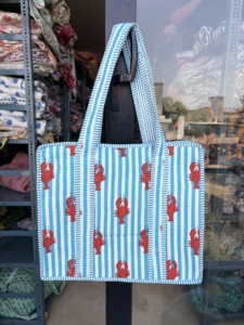 Bolso Tote de Algodón a Rayas Azules y Blancas con Estampado Floral para Mujer, con Cierre de Cremallera Aislado, para Uso en Invierno y Primavera - Product Image 1