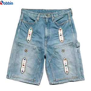 Pantalones Cortos Casuales de Verano para Hombre, Estilo Retro Hip Hop, Personalizados, Decorados con Pedrería, Tela Vaquera Lavada, Diseño Cargo - Product Image 1