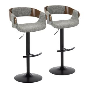 Elisa Mid Century Modern <b>Adjustable</b> Barstool with Swivel Black Metal Walnut Wood Grey Fabric Rounded T <b>Footrest</b> - Product Image 1