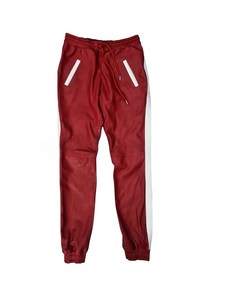 Custom <b>Men</b> Red Genuine Leather Tracksuit Set Two Piece <b>White</b> Side Stripe Snap Button <b>Jacket</b> Elastic Sweatpants Streetwear Casual - Product Image 4