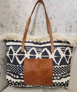 Bohemian Geometric <b>Canvas</b> <b>Tote</b> Bag Fringe Shoulder Handbag Zipper Shopper for Travel Daily Use - Product Image 1