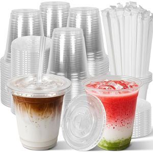 Bicchieri di Plastica Trasparente Usa e Getta da 12 oz con Coperchi e Cannucce, 50 Set per Bevande Fredde, Caffè Ghiacciato, Frappè, Smoothie - Product Image 1